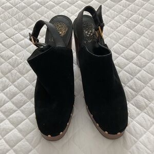 Vince Camuto Black Mules with Gold Accents